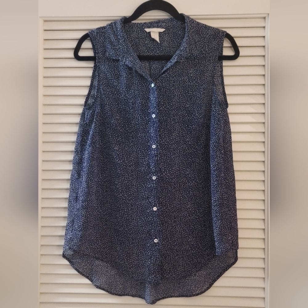 H&M - Navy & Blue Speckle Patterned Sheer Lightweight Sleeveless Button Top